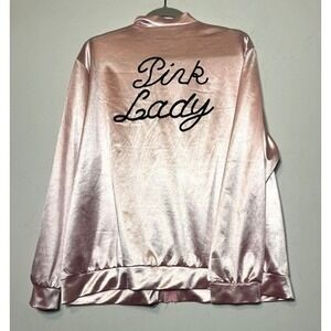 Pink Lady Satin Bomber Jacket Women 2XL Grease Costume Retro Pink Zip Up Coat